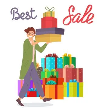 Smiling man with gift boxes in his hands. Young shopper guy with big presents on Stock Illustration