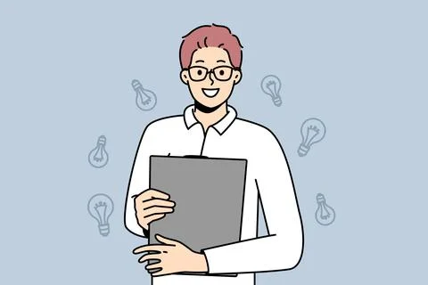 Smiling man in glasses with folder in hands 库存插图