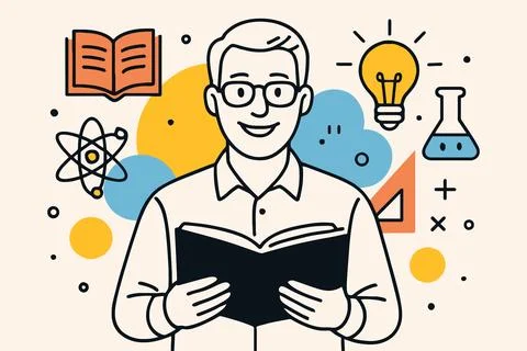 Smiling man with glasses holding an open book surrounded by science symbols Stock Illustration