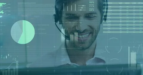 Smiling man with headset analyzing digital data on computer screen at office Stock Illustration