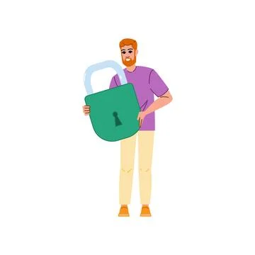 Smiling man holding big padlock showing security and data protection Stock Illustration