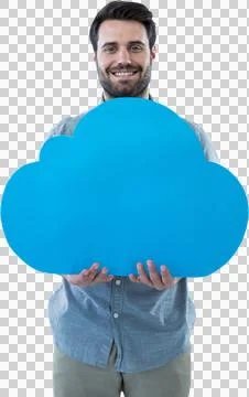 Smiling man holding cloud cut out Stock Photos