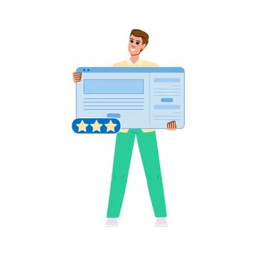 Smiling man holding website page with three star rating Illustrazione stock