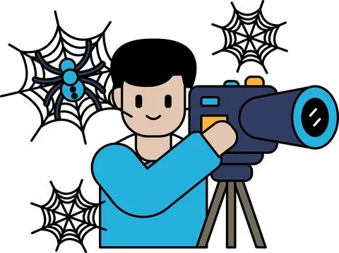 Smiling man holds a camera with a tripod Stock Illustration