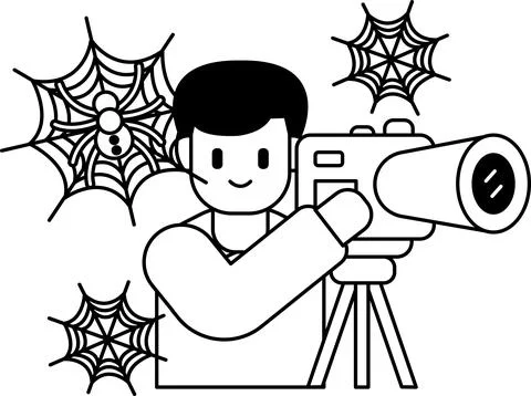 Smiling man holds a camera with a tripod Stock Illustration