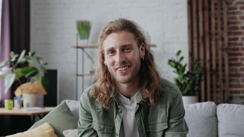 Smiling Man at Home look at camera talk make live video conference call online Stock Footage 166322662