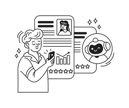 Smiling Man Interacts with Smartphone Robot Design Stock Illustration