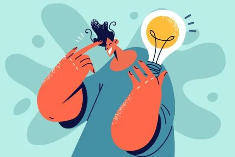 Smiling man with lightbulb develop ideas Stockillustratie
