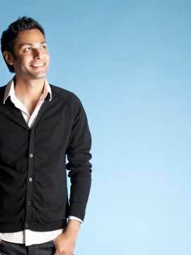 Smiling Man Looking Up At Copyspace Foto stock