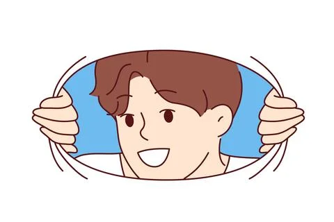 Smiling man looks at screen through hole in material, sharing positivity and Stock Illustration