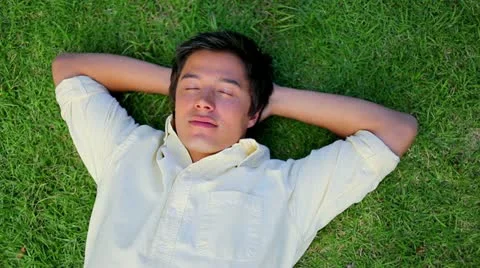 Smiling man lying on the grass Видео 10850355