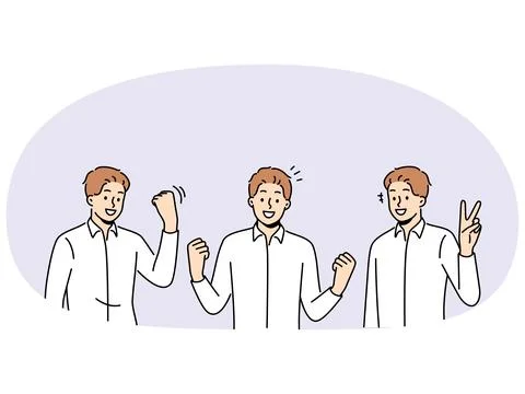 Smiling man make hand gestures celebrating success Stock Illustration
