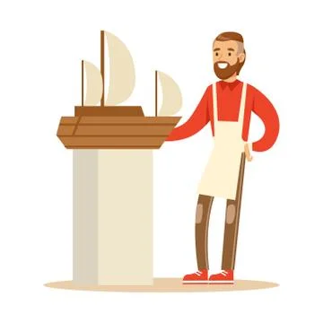 Smiling man making model of a sail boat. Hobby or profession olorful character Stock Illustration