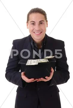 Smiling man with money cash in his hat Stock-Fotos
