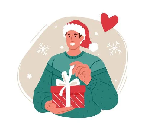 Smiling man opens present for chtistmas,new,year.Vector flat illustration Stock Illustration
