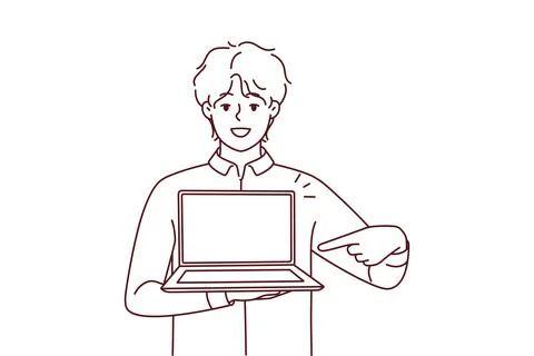 Smiling man point at laptop Stock Illustration