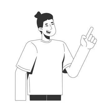 Smiling man pointing up with index finger line art character Illustrazione stock