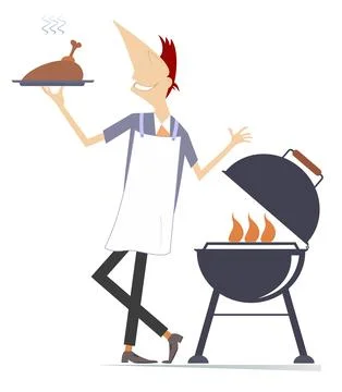 Smiling man preparing meal on fire Stock Illustration
