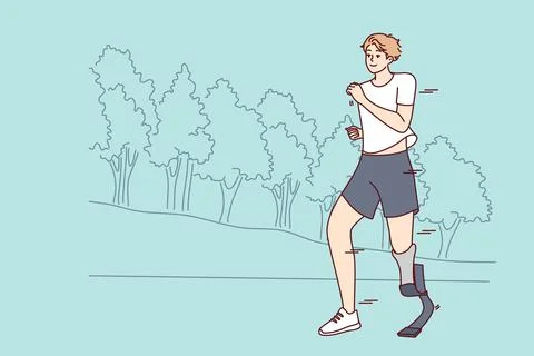 Smiling man with prosthesis run in park Illustrazione stock