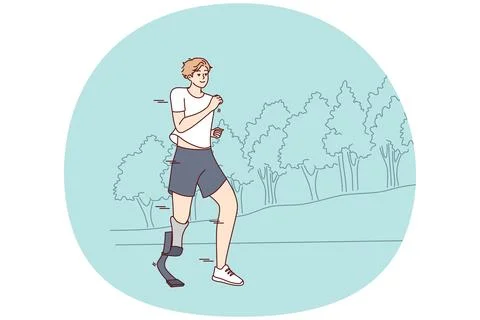Smiling man with prosthesis run in park Illustrazione stock