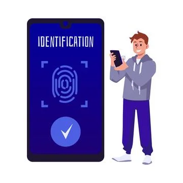 Smiling man puts thumb on mobile phone flat style, vector illustration Stock Illustration