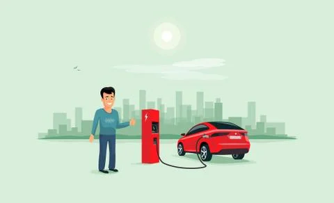Smiling Man with Red Electric Car SUV Charging and City Skyline Stock Illustration