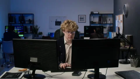 Smiling Man Relaxing at Computer in Modern IT Office Stock Footage 347317454