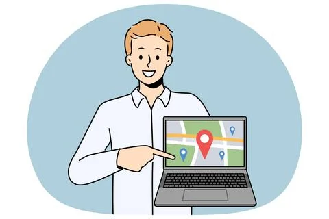 Smiling man show GPS tracker on map on computer Stock Illustration