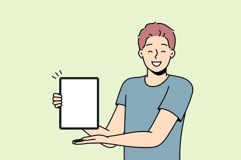 Smiling man show mockup screen on tablet Illustrazione stock