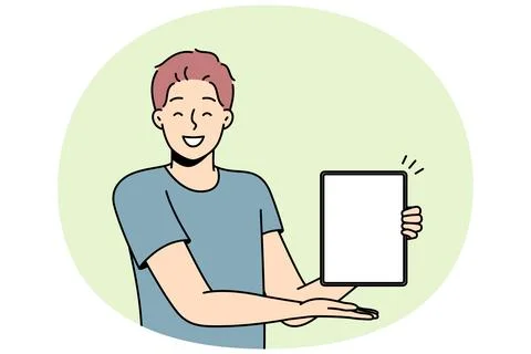 Smiling man show mockup screen on tablet イラスト素材