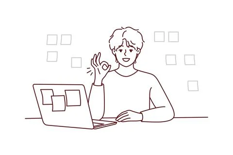 Smiling man show thumb up working on laptop 스톡 일러스트