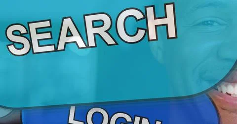 Smiling man showing right face at web banner, with SEARCH and LOGIN buttons, Stock Photos