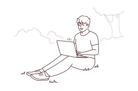 Smiling man sit in park work on laptop Ilustración de archivo