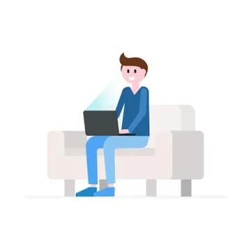 Smiling man sitting on sofa with laptop Stock Illustration