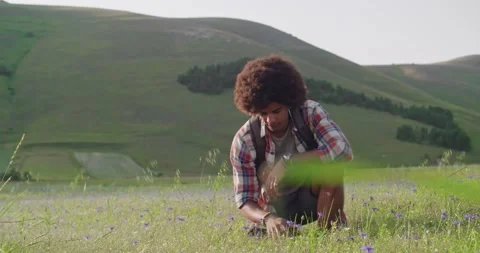 Smiling man smelling and picking flowers from field.Front view,medium shot,slow 動画素材 137790339