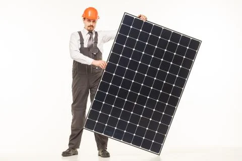 Smiling man solar panel isolated white background Stock Photos