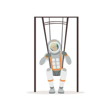 Smiling man in spacesuit training on special swings. Young astronaut preparing Stock Illustration