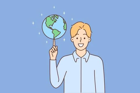 Smiling man spin globe on finger Stock Illustration