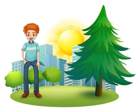 A smiling man standing beside the pine tree Illustrazione stock