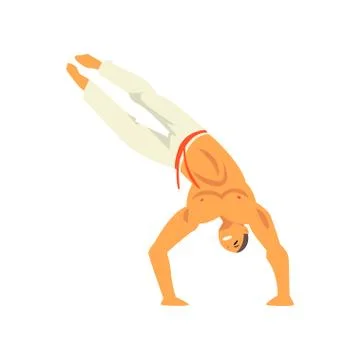 Smiling Man Standing on His Hands, Capoeira Dancer Character Practicing Movement イラスト素材