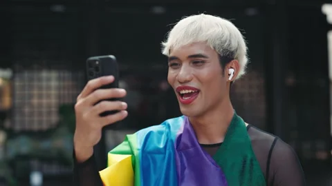 Smiling Man Standing Outside and Having a Video Call with Friends. Handsome Video stock 273609796