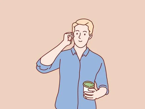Smiling man talking on cell phone holding paper coffee cup simple korean Stock Illustration