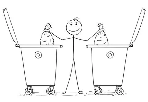 Smiling Man Throwing Two Plastic Bags in to Waste Containers Dumpsters Stock Illustration