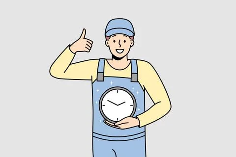 Smiling man in uniform holding clock 库存插图