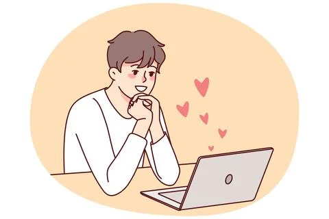 Smiling man use computer looking for love Illustrazione stock
