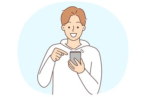 Smiling man using cellphone texting Illustrazione stock