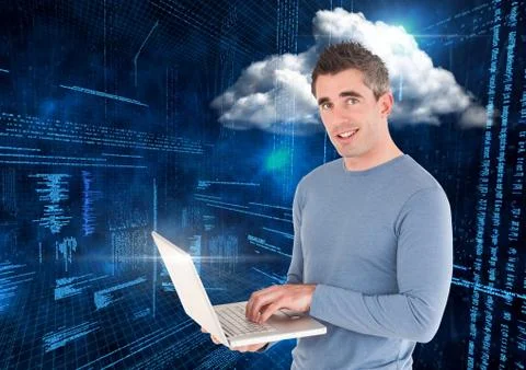 Smiling man using laptop against web binary code background Stock Photos