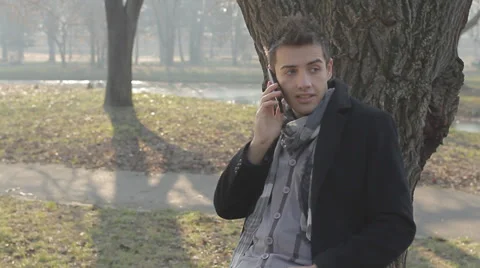 Smiling man using a mobile phone in a park. Stock Footage 34135685