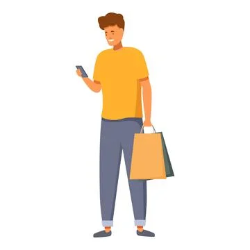Smiling man using smartphone and holding shopping bags, mobile shopping and Stock Illustration