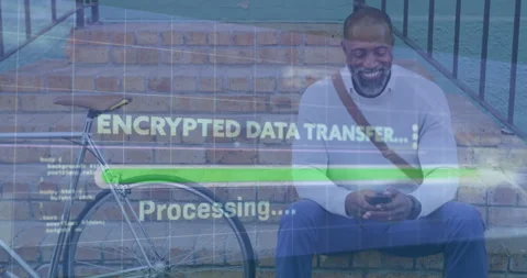 Smiling man using smartphone with encrypted data transfer animation over bicycle Stock Footage 304765029